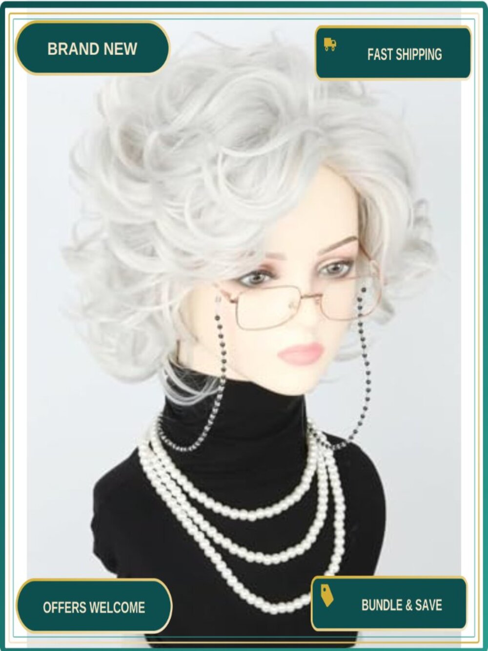 Short Curly Granny Wig Set with Glasses Chain Necklace